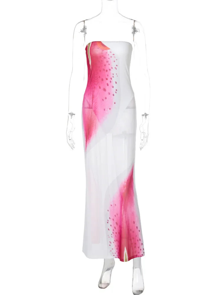 Strapless Mesh Overlay Abstract Graphic Print Bodycon Maxi Dress