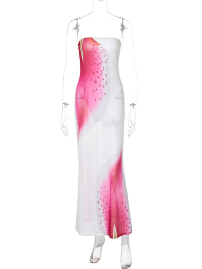 Strapless Mesh Overlay Abstract Graphic Print Bodycon Maxi Dress
