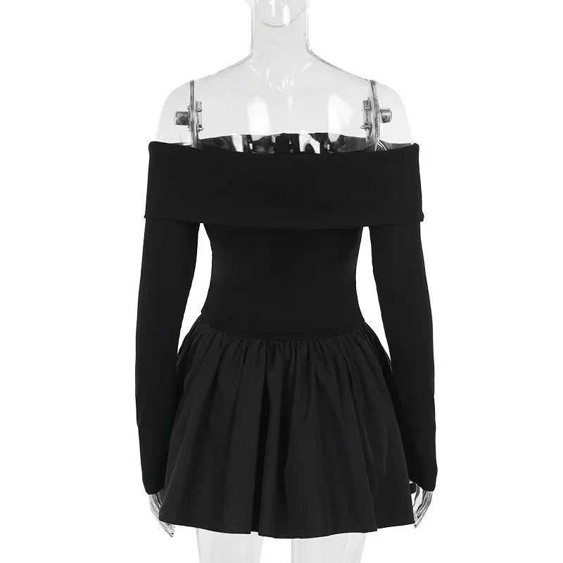 Off Shoulder Rib Knit Long Sleeve Pleated Skater Mini Dress