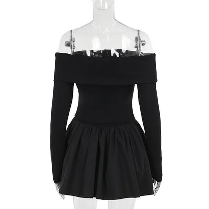 Off Shoulder Rib Knit Long Sleeve Pleated Skater Mini Dress