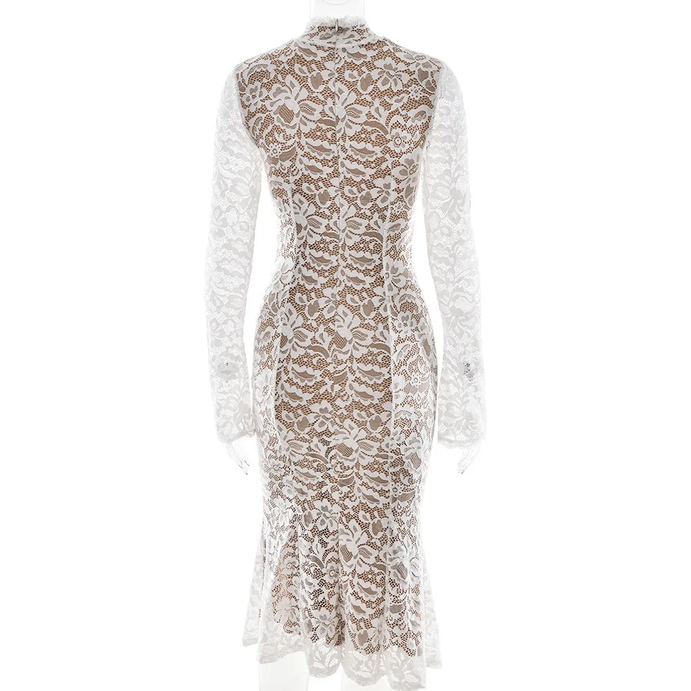 Floral Lace High Neck Long Sleeve Bodycon Midi Dress