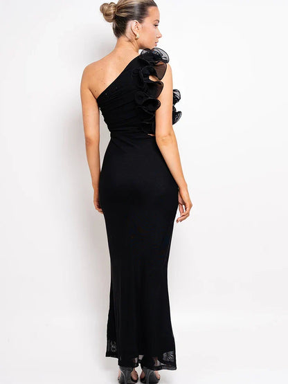 One-Shoulder Floral Ruffle Strap Ruched Side Cutout Mermaid Maxi Dress
