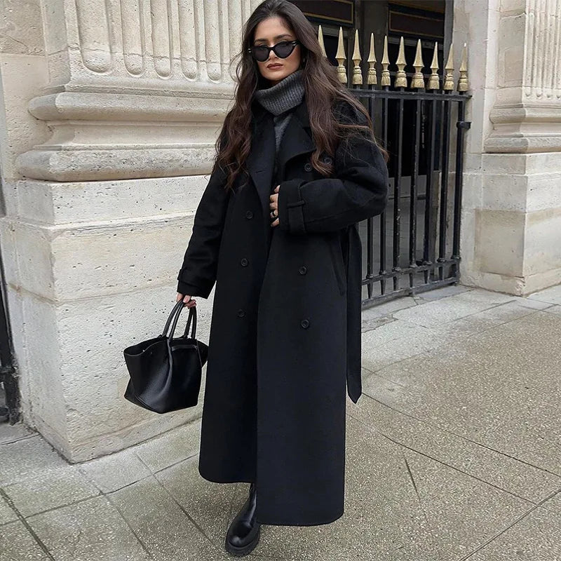 Casual Lapel Long Coats With Belt Women Lace Up Double Breasted Full Sleeve Overcoat Autumn Winter New Lady Streetwear