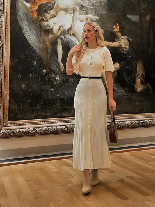 Fashion Elegant Hollow Out Knitted Dress Women Solid Short Sleeved Breasted Slim Dresses 2024 Elegant Female Commuting Robes
