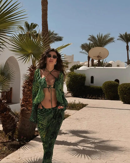 Print Beach Skirt Cover Up Four Piece Swim Sets
