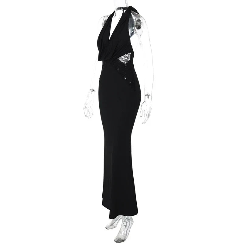 Halter Plunging V-Neck Draped Bust Lace Side Panel Bodycon Mermaid Maxi Gown