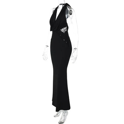 Halter Plunging V-Neck Draped Bust Lace Side Panel Bodycon Mermaid Maxi Gown