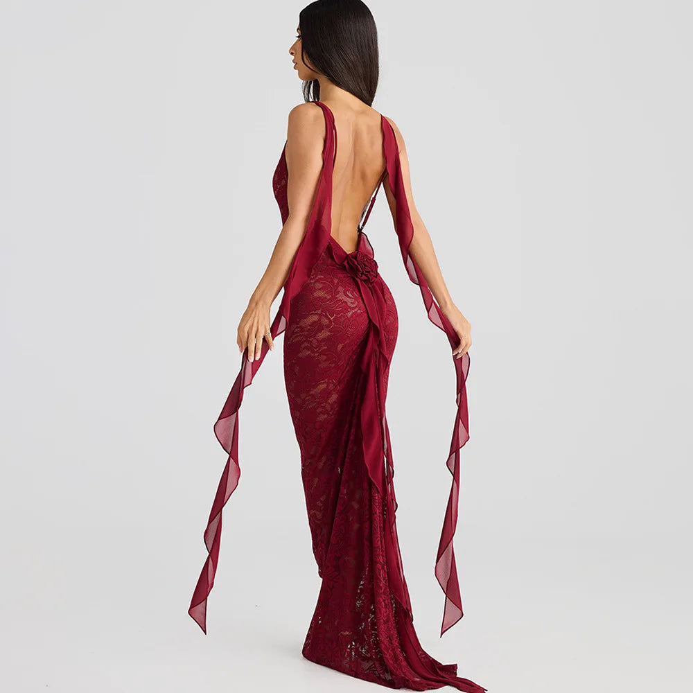 Lace Backless Spaghetti Strap Trailing Ribbon Ruffle Maxi Dress