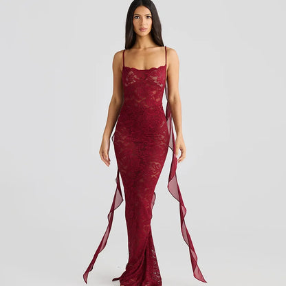 Lace Backless Spaghetti Strap Trailing Ribbon Ruffle Maxi Dress