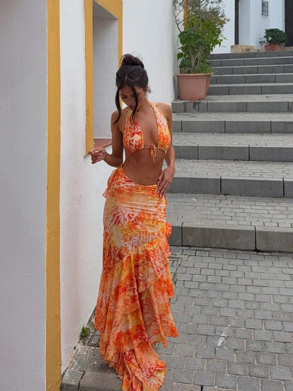 Vintage Print Cover Up Suspenders Sexy Three Piece Swim Sets