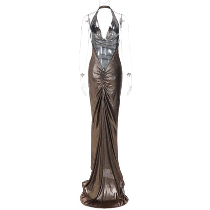 Halter Deep V Neck Metallic Shimmer Fishtail Maxi Gown