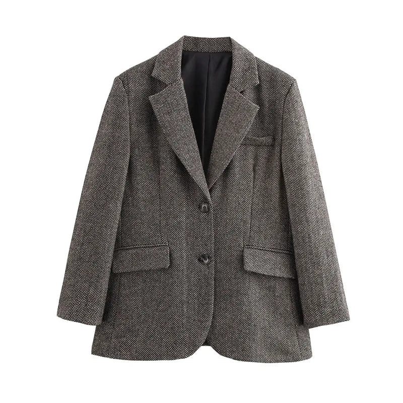 Herringbone Wool Tweed Women Suit Blazer New Single Breasted Lapel Jacket Autumn Winter Formal Fashion Coat Lady Outwears