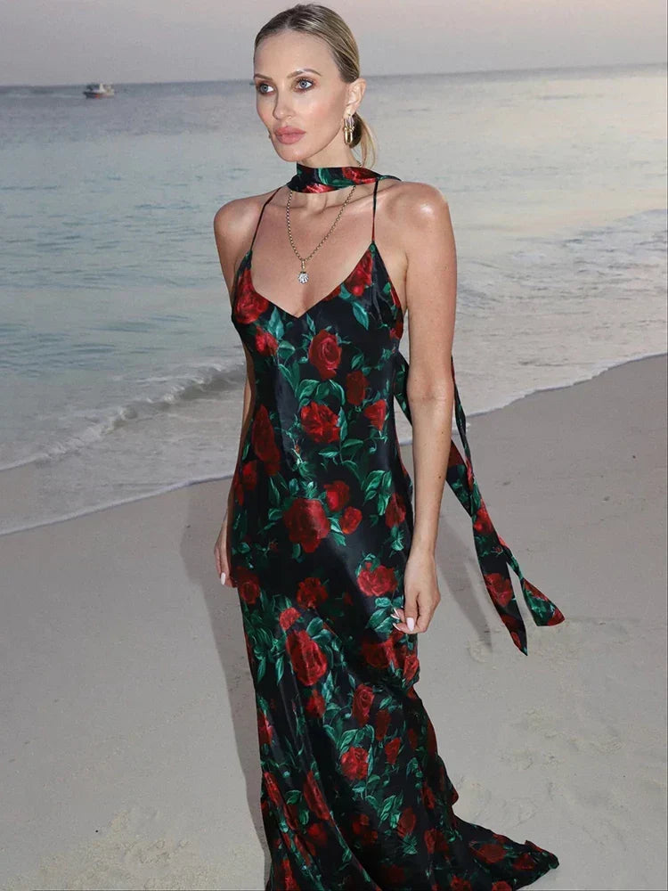 Print Halter Choker Spaghetti Strap Mermaid Maxi Dress