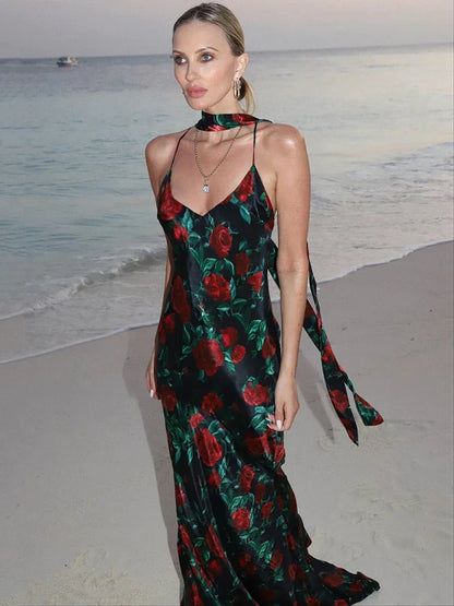 Print Halter Choker Spaghetti Strap Mermaid Maxi Dress