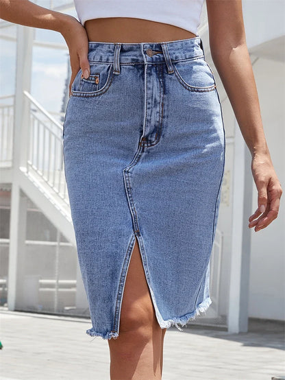 AmyVictoria | Casual Slit Midi Denim Skirt