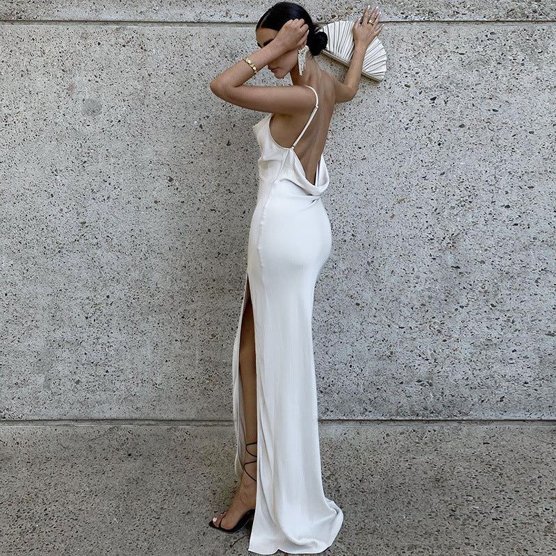 Cowl Neck Spaghetti Strap Draped Side Slit Satin Maxi Dress