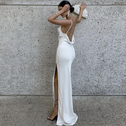 Cowl Neck Spaghetti Strap Draped Side Slit Satin Maxi Dress