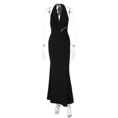 Halter Plunging V-Neck Draped Bust Lace Side Panel Bodycon Mermaid Maxi Gown