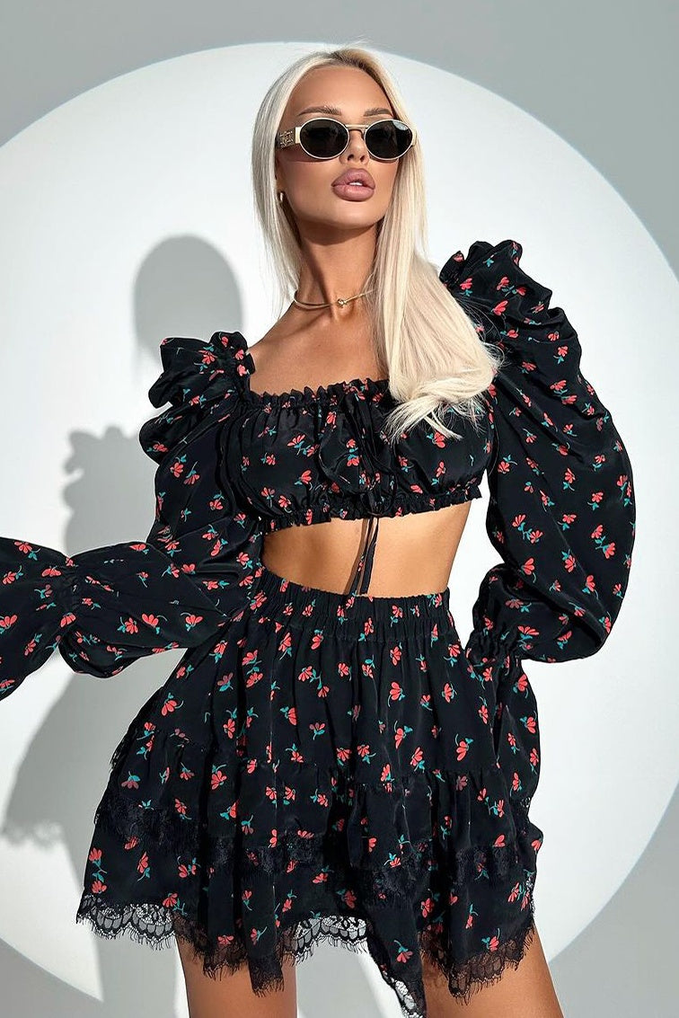 Ella Floral Print Puff Sleeve Mini Skirt Set