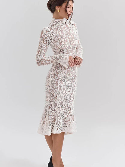Floral Lace Mock Neck Long Sleeve Trumpet Hem Midi Dress