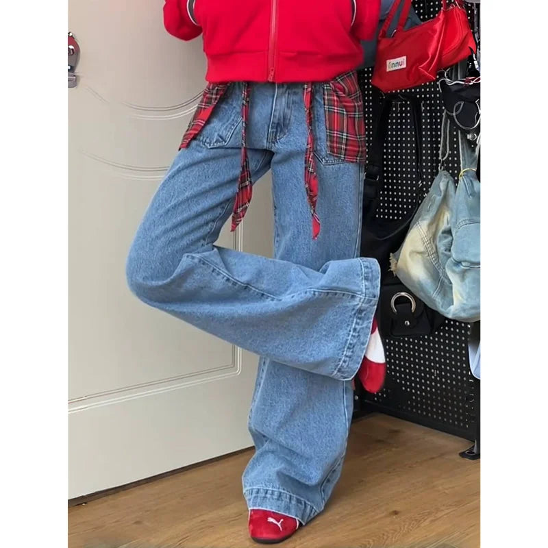 TAIVIMART  -  Y2K Blue Jeans For Women High Quality High Waist American Street Wide Leg Pants Hip Hop Vintage Straight Autumn Trousers