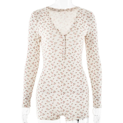Fashion Print Playsuits Sexy Long Sleeve Low Chest V Neck Button Half Cardigan High Waist Straight Pants Playsuit