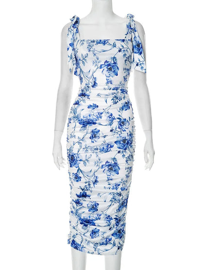 Floral Print Square Neck Tie Shoulder Strap All-Over Ruched Bodycon Midi Dress