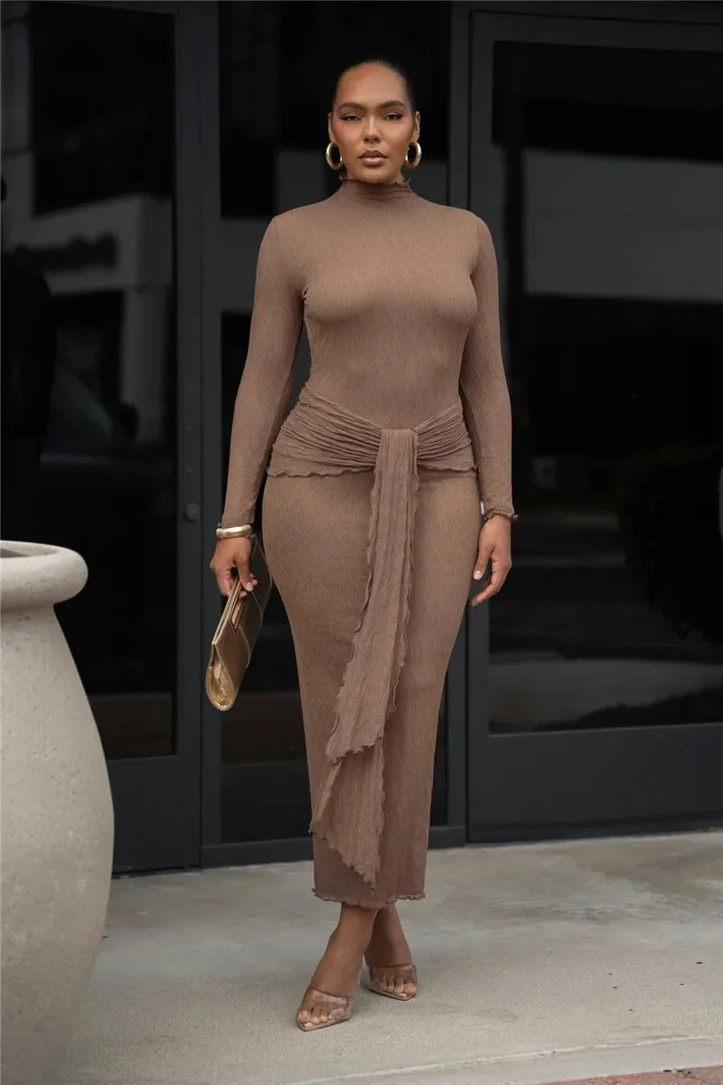 Mock Neck Long Sleeve Textured Knit Waist Tie Two Piece Set