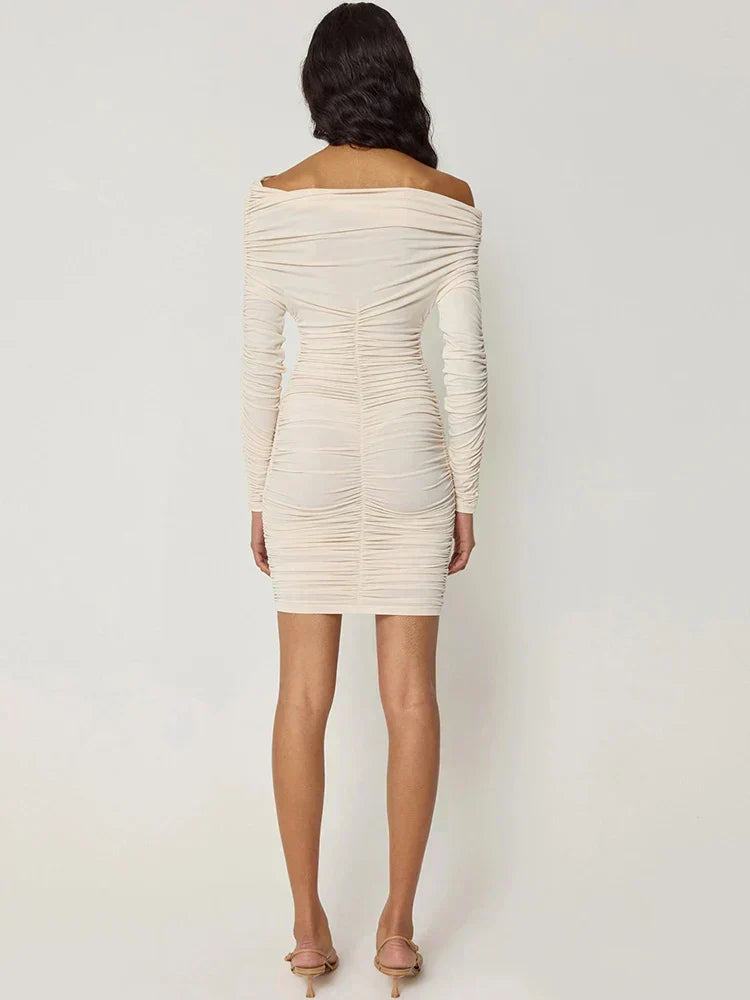 Asymmetric Neck Ruched Gathered Long Sleeve Bodycon Mini Dress