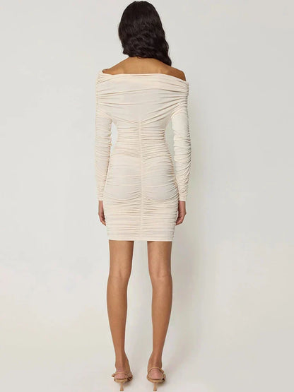 Asymmetric Neck Ruched Gathered Long Sleeve Bodycon Mini Dress