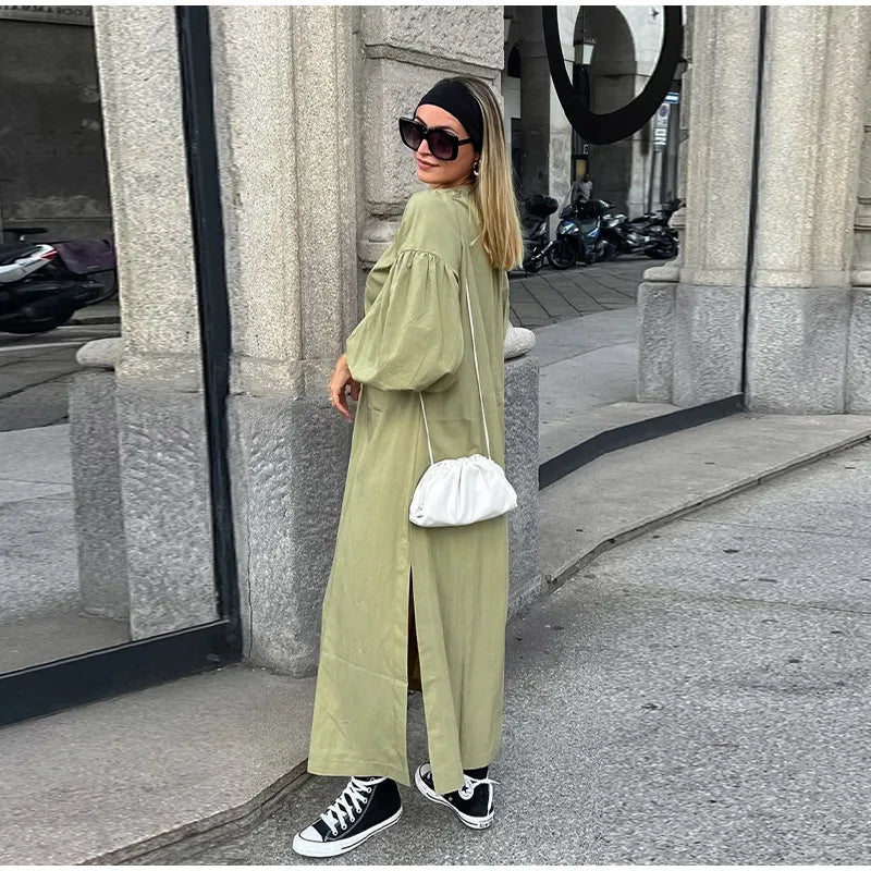 Casual Street Lace Up Long Dresses Women New Chic Loose V-neck Side Slit Solid Dress Female Summer Versatiel Street Party Robes