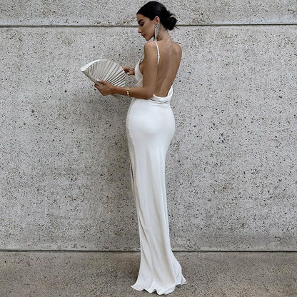 Cowl Neck Spaghetti Strap Draped Side Slit Satin Maxi Dress
