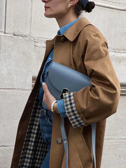 Woman Casual Long Trench Coats Khaki Plaid Lined Lapel Single Breasted Jacket With Pocket 2024 Autumn Chic Lady Commute Outwear