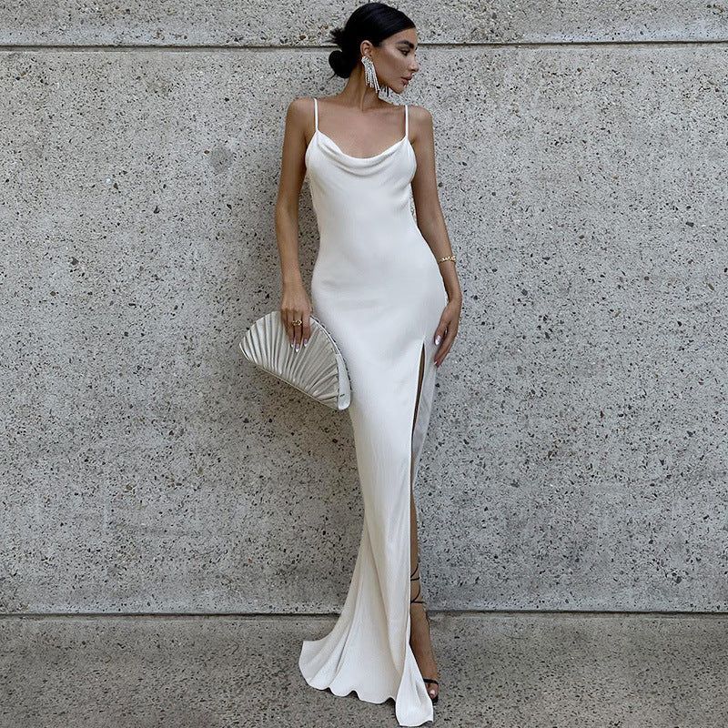 Cowl Neck Spaghetti Strap Draped Side Slit Satin Maxi Dress