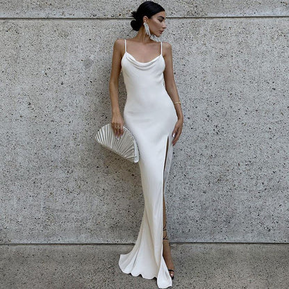 Cowl Neck Spaghetti Strap Draped Side Slit Satin Maxi Dress