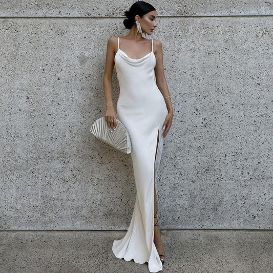 Cowl Neck Spaghetti Strap Draped Side Slit Satin Maxi Dress