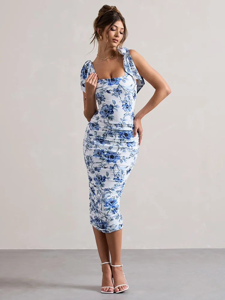 Floral Print Square Neck Tie Shoulder Strap All-Over Ruched Bodycon Midi Dress