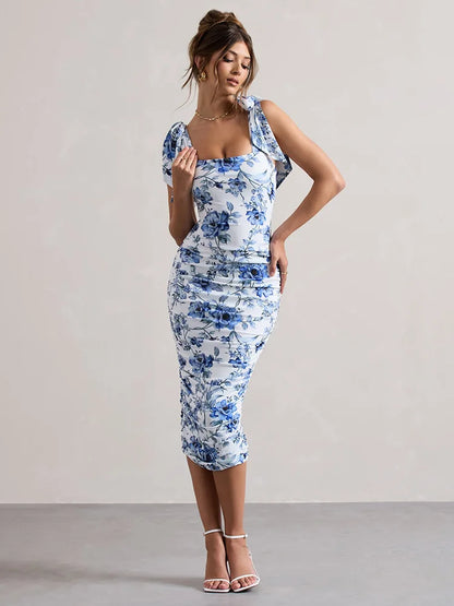 Floral Print Square Neck Tie Shoulder Strap All-Over Ruched Bodycon Midi Dress