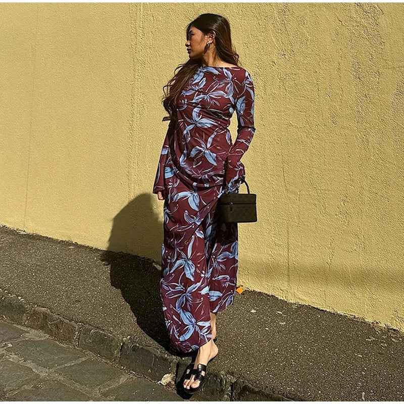 Retro Printed O-neck Holiday Dress Women Elegant Full Sleeve Waist-cinching Long Dresses Female 2025 Summer Chic Street Vestidos
