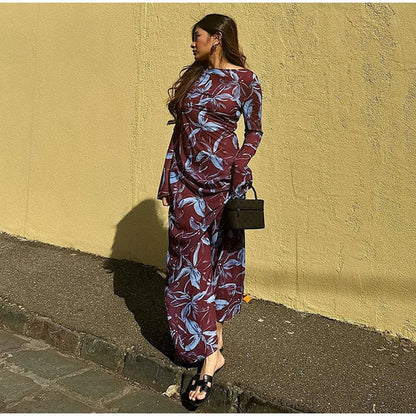 Retro Printed O-neck Holiday Dress Women Elegant Full Sleeve Waist-cinching Long Dresses Female 2025 Summer Chic Street Vestidos