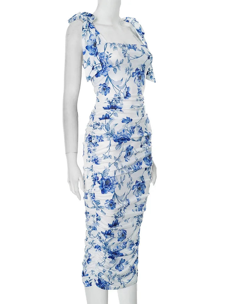 Floral Print Square Neck Tie Shoulder Strap All-Over Ruched Bodycon Midi Dress