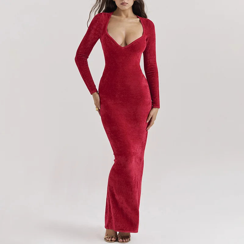 Deep V Sweetheart Long Sleeve Velvet Bodycon Maxi Dress