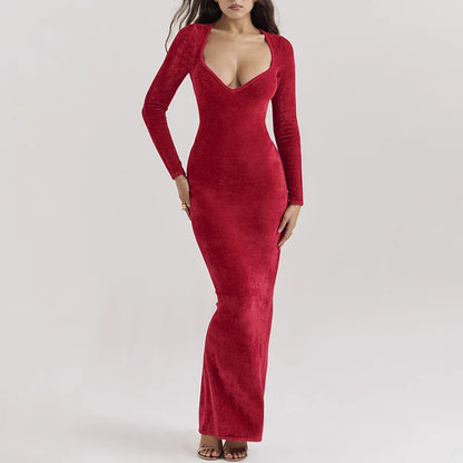 Deep V Sweetheart Long Sleeve Velvet Bodycon Maxi Dress