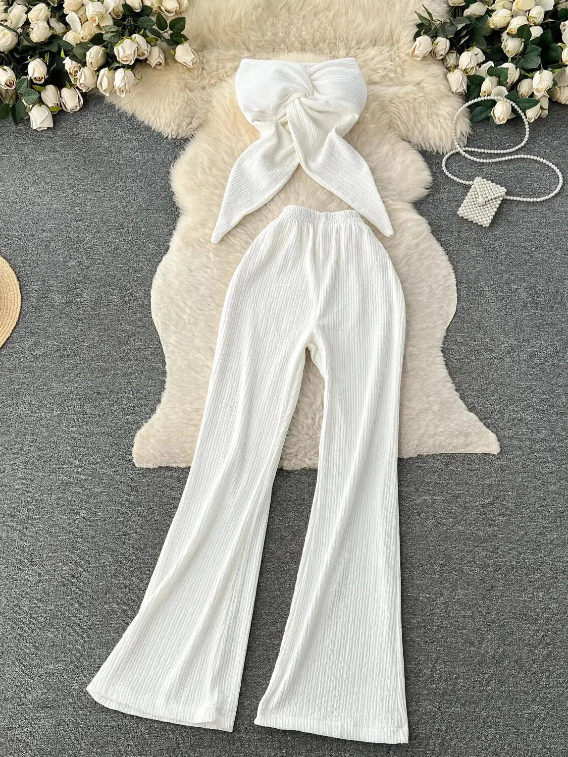 Bandeau Crop Tube Top & Wide Leg Pants Coord Set