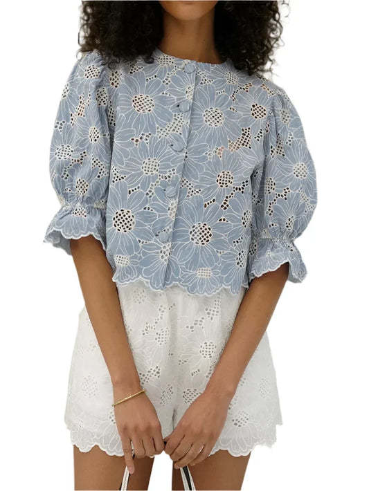 Bleue Eyelet Top