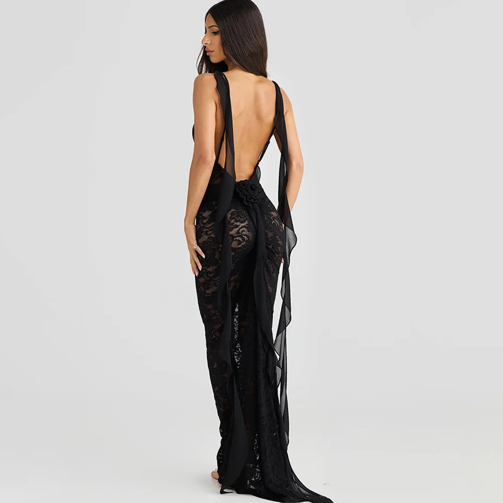 Lace Backless Spaghetti Strap Trailing Ribbon Ruffle Maxi Dress