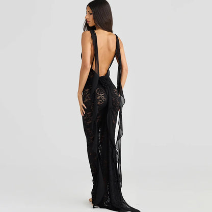 Lace Backless Spaghetti Strap Trailing Ribbon Ruffle Maxi Dress