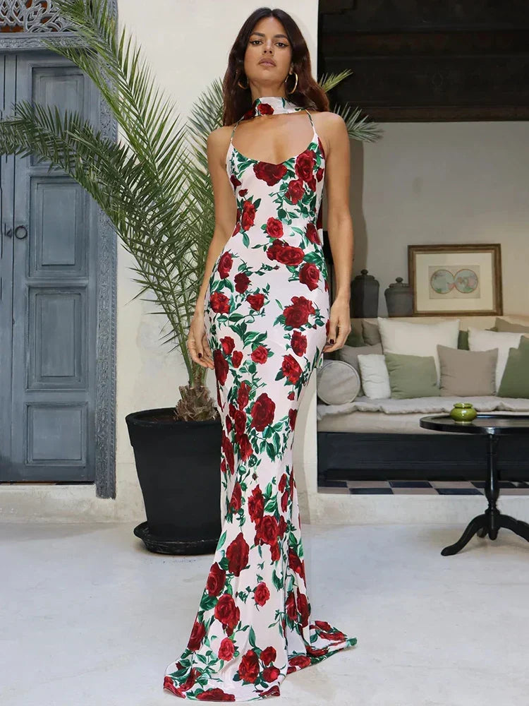 Print Halter Choker Spaghetti Strap Mermaid Maxi Dress