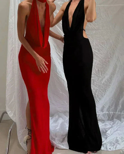 Halter Plunging Cowl Backless High Slit Maxi Dress