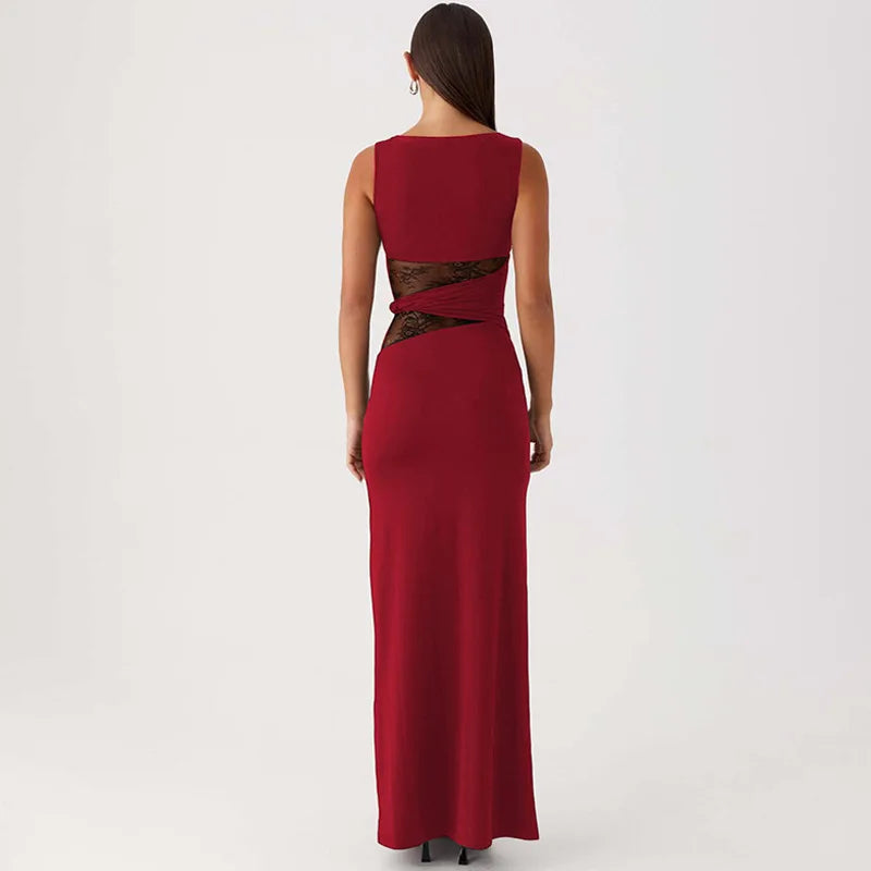 One Shoulder Lace Panel Waist Cutout Bodycon Maxi Dress